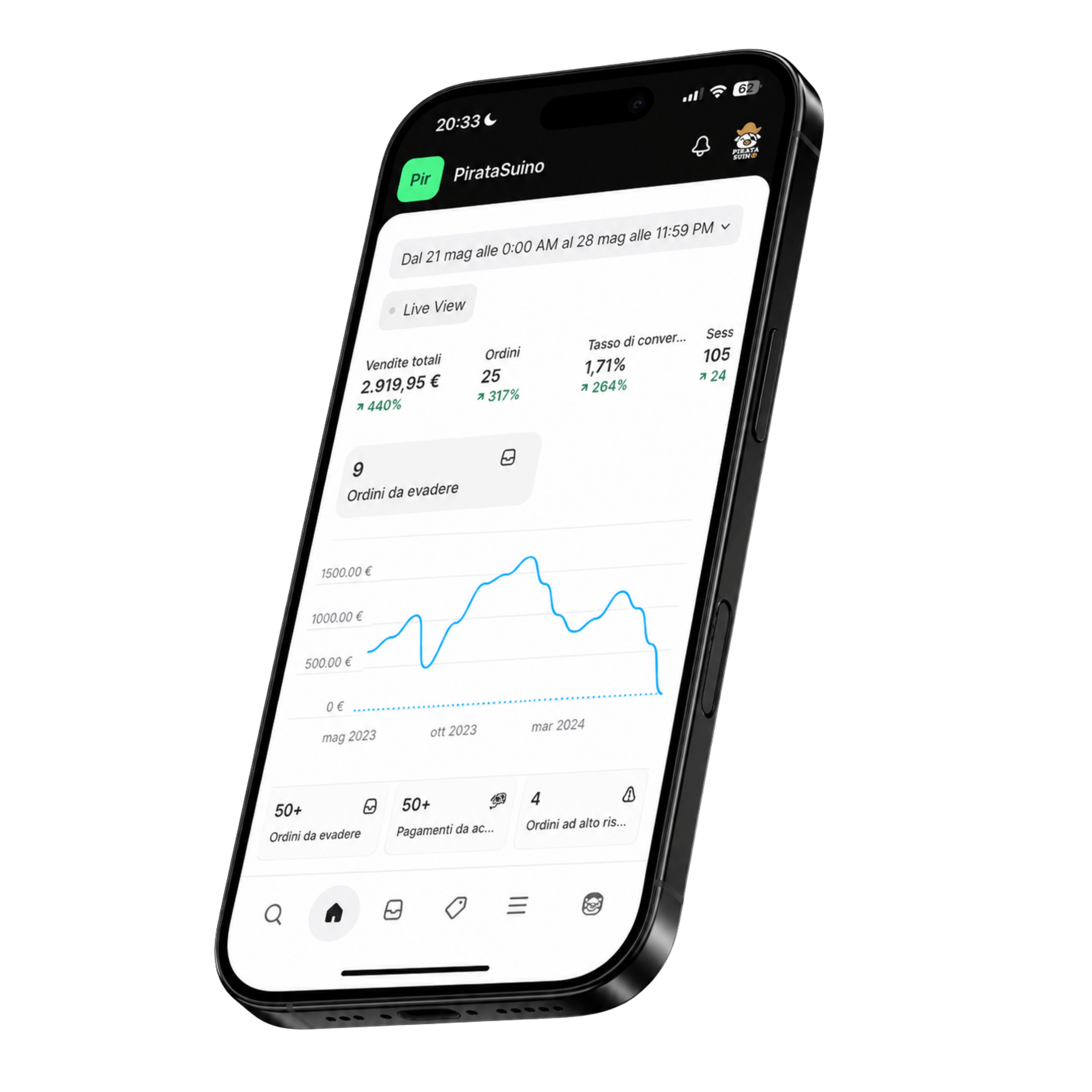 Mockup smartphone con pannello Shopify Pirata Suino